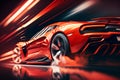 Generic and unbranded modern red sport car running in a light tunnel, generative ai illustration Royalty Free Stock Photo