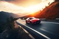 A generic and unbranded red sport car running on mountain street at sunset, ai generative illustration Royalty Free Stock Photo