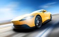 Generic and unbranded yellow car speed driving at daytime, 3D illustration