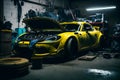 Generic and unbranded yellow sport car in a garage, generative ai illustration