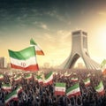 Generic unrecognizable crowds cheering or demonstrating with waving Iranian flags in Tehran of Iran. Digitally generated rendering