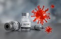 Generic Vaccines, a Syringe Injection and a couple of Generic Viruses, Vaccination at Hospital Ambient, Grey Background