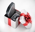 Generic video game console and controller inside giftbox. 3D illustration