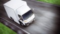 Generic white industrial transport truck traveling down the road with motion blur. Room for text or copy space.