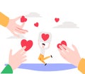 Generosity as donation support sharing tiny person concept. Heart love as help and assistance symbol for humanity organization or