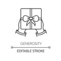 Generosity pixel perfect linear icon. Thin line customizable illustration. Virtue, selfless giving. Birthday, holiday