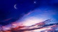 Generous Ramadan . New moon  .   Red sunset and moon . cloudy landscape and star sky . Royalty Free Stock Photo