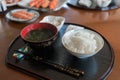 Generous Rice bowl with Japanese seaweed miso soup for the breakfast