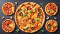 Top view of delicious big pan pizza and four mouthwatering small pizzas. Generalized by AI Royalty Free Stock Photo