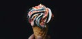 Genertaive Ai, Ai generated, Close up a hand holding a scoop of vibrant colorful flavor ice cream on the waffle cone with