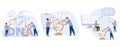 Genetic DNA Science. Tiny scientists investigating and testing DNA in laboratory. Big gene helix sign. Lab equipment. set flat