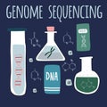 Helix DNA,chromosome, test tubes, nucleotides. Bright Vector illustration in cartoon style.