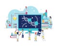 Genetic research laboratory of bitechnology, scientists study dna, biochemical lab interior flat vector illustration. Royalty Free Stock Photo