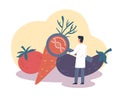 Genetically modified food industry. Scientist is investigating genetic code of carrots, lab examining vegetables with a magnifying Royalty Free Stock Photo