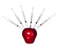 Genetically modified red apple and syringes isolated on white background. Genetic injection Royalty Free Stock Photo