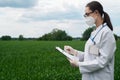 Geneticists, biologists and scientists study the genetic structure of wheat sprouts in the field