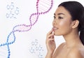 Genetics and beauty. Young Asian girl with soft silky skin and DNA molecule on white background, collage. Copy space