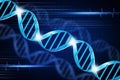 Genetics and biotechnologies. DNA molecule spirals over blue background, creative illustration