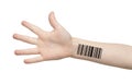 Genetics and cloning. Kid`s hand with barcode isolated on white, collage