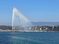 Geneva Jet d`Eau fountain with rainbow Royalty Free Stock Photo