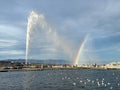 Geneva Jet d`Eau fountain with rainbow Royalty Free Stock Photo