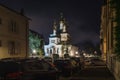 Geneva street with parked cars and Russian orthodox church Eglise Russe  at night time, Geneva, Switzerland Royalty Free Stock Photo