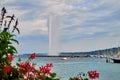 Geneva, Switzeland - September 21, 2018: Panoramic view on famous Jet d`Eau fountain through flowers in a nice day Royalty Free Stock Photo