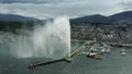 GENEVA, SWITZERLAND - APRIL 27, 2019. Aerial view of famous Jet d`Eau fountain on the Lake Geneva, main city`s landmark Royalty Free Stock Photo