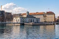 Arcades des Arts gallery on the riverside of the Rhone in Geneva, Switzerland