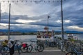 Evening lakeside view by Rhone river in Geneva city, Switzerland Royalty Free Stock Photo