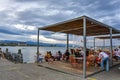 Evening lakeside view by Rhone river in Geneva city, Switzerland