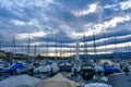 Geneva, Switzerland 8 September 2023: Moored and covered boats at marina at Lake Geneva on a sunny winter day at Swiss City of Royalty Free Stock Photo