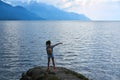 Geneve Lake Leman Geneva backpack tourist girl