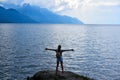 Geneve Lake Leman Geneva backpack tourist girl