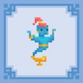 Genie appear from magic lamp. Pixel art character. Vector illustration