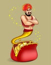 genie appears from wallet with gold dollar.