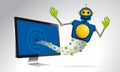 Genie blue robot floating out of the screen of a computer on white Royalty Free Stock Photo