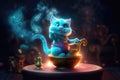 Genie Cat Comes Out Of The Magic Lamp With Smoke. Generative AI Royalty Free Stock Photo