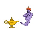 Genie Coming Out of Golden Oil Lamp Drawing Color