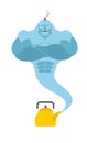 Genie from kettle. Blue Magic spirit fulfills desires. Vector i