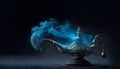 Genie from lamp in blue smoke. Fantasy arabic fairy tale. AI generative content
