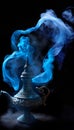 Genie from lamp in blue smoke. Fantasy fairy tale, Alladin. AI generative content