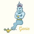 Genie from lamp. Magical character in red Arabic turban. Character traditional Persian tale. Powerful magical vector creature