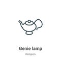 Genie lamp outline vector icon. Thin line black genie lamp icon, flat vector simple element illustration from editable religion Royalty Free Stock Photo