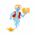 Genie with magic lamp carrying package, courier express shipping and delivery mascot in cartoon flat illustration vector