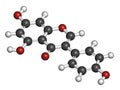 Genistein isoflavone molecule. 3D rendering. Atoms are represented as spheres with conventional color coding: hydrogen white,.