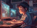 Genius Little boy as a Hacker is coding and programming on computer technology.