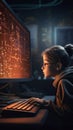 Genius Little boy as a Hacker is coding and programming on computer technology, Generative Ai