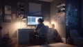 Genius Little boy as a Hacker is coding and programming on computer technology.