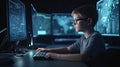 Genius Little boy as a Hacker is coding and programming on computer technology?